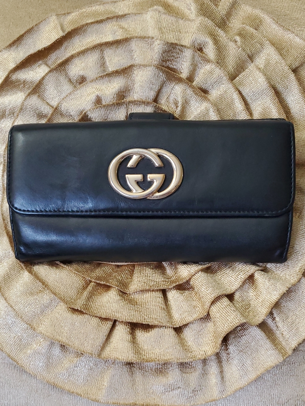Authentic Gucci Black Leather  with Gold Double G Logo